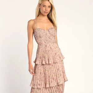 Lulus Cascading Crush Pink Floral Print Tiered Bustier Midi Dress - Size S - NWT